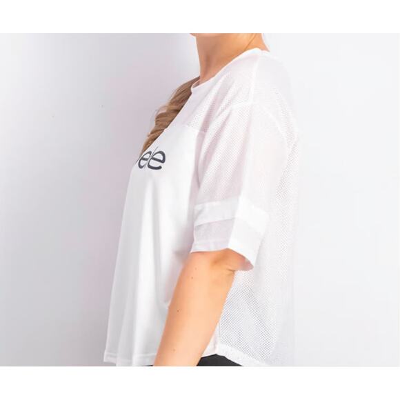 Bebe Sport Crop Top Relaxed Fit Black Shirt Spellout Logo Mesh Panel Size Medium - Picture 6 of 15